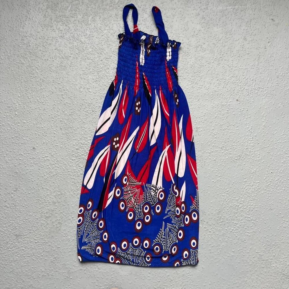 Y2K Retro Blue White and red feather print midi‎ dress size M